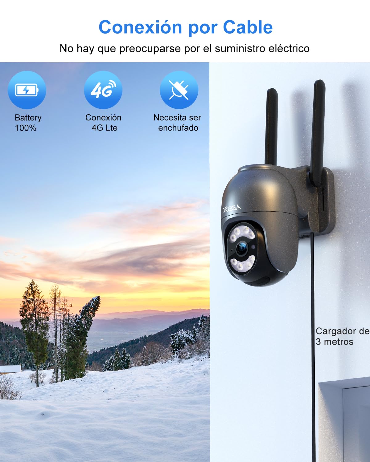 Xega Cámara Cablada 4G Exterior con Tarjeta SIM Grabación 24/7 Sin WiFi PTZ | Seguimiento Automático, Rotación 355°/100°, 2K HD, Detección Humana, Visión Nocturna, Luz Y Sirena, Suscripción Obligatoria
