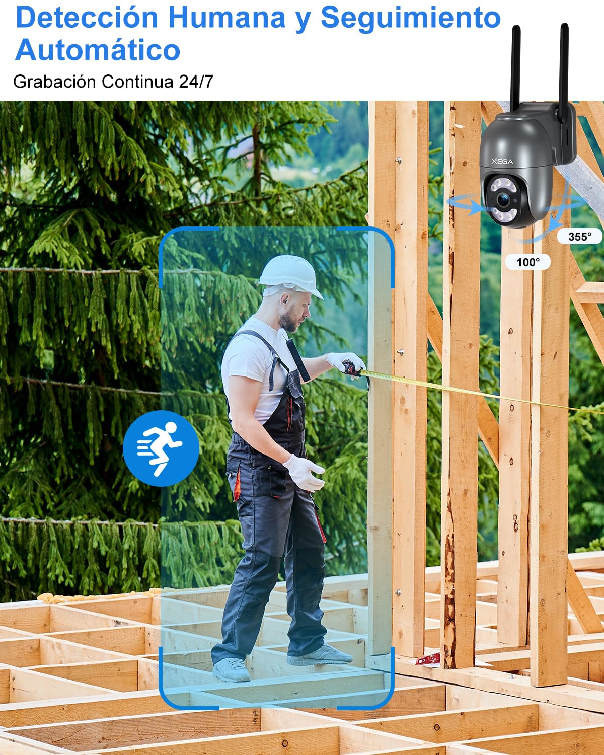 Xega Cámara Cablada 4G Exterior con Tarjeta SIM Grabación 24/7 Sin WiFi PTZ | Seguimiento Automático, Rotación 355°/100°, 2K HD, Detección Humana, Visión Nocturna, Luz Y Sirena, Suscripción Obligatoria