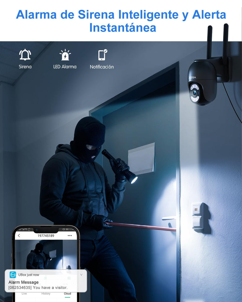 Xega Cámara Cablada 4G Exterior con Tarjeta SIM Grabación 24/7 Sin WiFi PTZ | Seguimiento Automático, Rotación 355°/100°, 2K HD, Detección Humana, Visión Nocturna, Luz Y Sirena, Suscripción Obligatoria