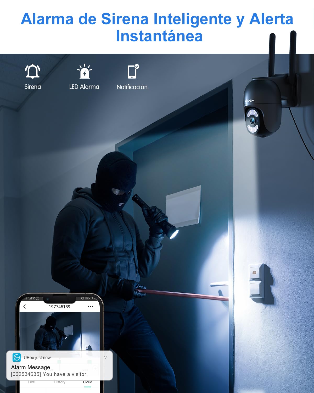 Xega Cámara Cablada 4G Exterior con Tarjeta SIM Grabación 24/7 Sin WiFi PTZ | Seguimiento Automático, Rotación 355°/100°, 2K HD, Detección Humana, Visión Nocturna, Luz Y Sirena, Suscripción Obligatoria