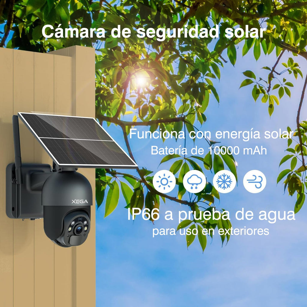 Cámara de vigilancia exterior solar inalámbrica Xega 4G LTE con tarjeta SIM y visión nocturna en color 2K