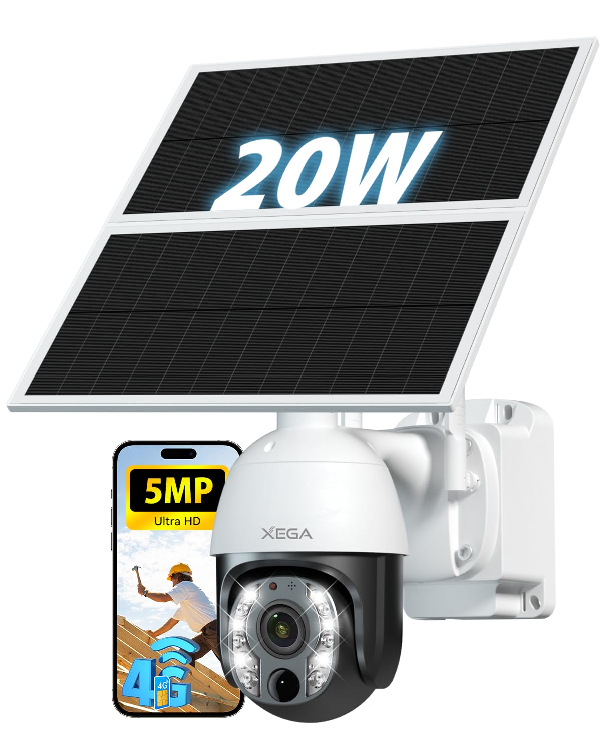 Xega 5MP【10X Óptico Zoom】4G LTE Cámara Vigilancia con Tarjeta SIM 20W Panel Solar 30,000 mAh Batería Grabación 24/7 Camara sin Wifi Exterior Detección Humana Visión Nocturna 100ft Audio Bidireccional