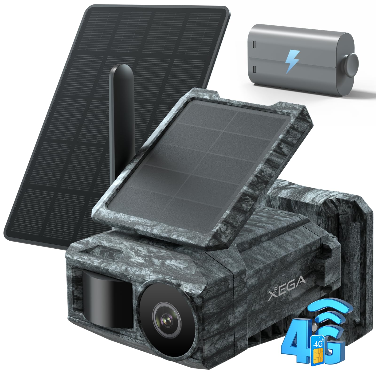 Xega Cámara Solar 4G con Tarjeta SIM 2 Paneles Solares, Fototrampeo Caza Exterior Inalámbrica, Detección de Movimiento, Visión Nocturna Sin Luz, Rotación 220°, Alertas En App (WiFi No Compatible)