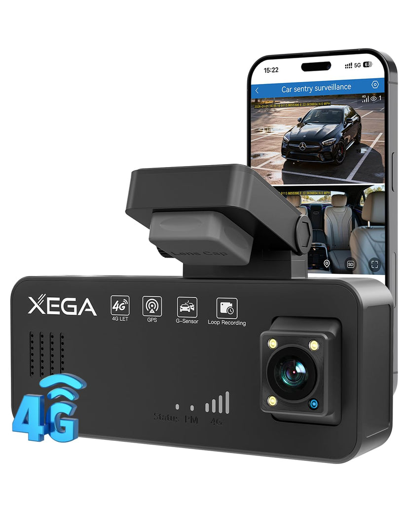 XEGA 2K 4G Dash CAM Coche con Tarjeta SIM, Camara Coche Grabadora sin WiFi, Visión en Vivo Remota, Detección Movimiento/Colisión, Monitor de Aparcamiento, Audio Bidireccional, Nocturna, GPS, OBD