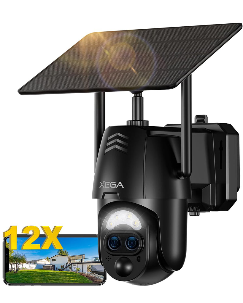 Xega Cámara Vigilancia WiFi Exterior Doble Lentes, 2K Cámara Exterior Solar con【Zoom Híbrido 12X】 AI Detección Humana, Visión Nocturna Color, Audio Bidireccional, 2,4GHz WiFi, 0,2s Alarma, IP66