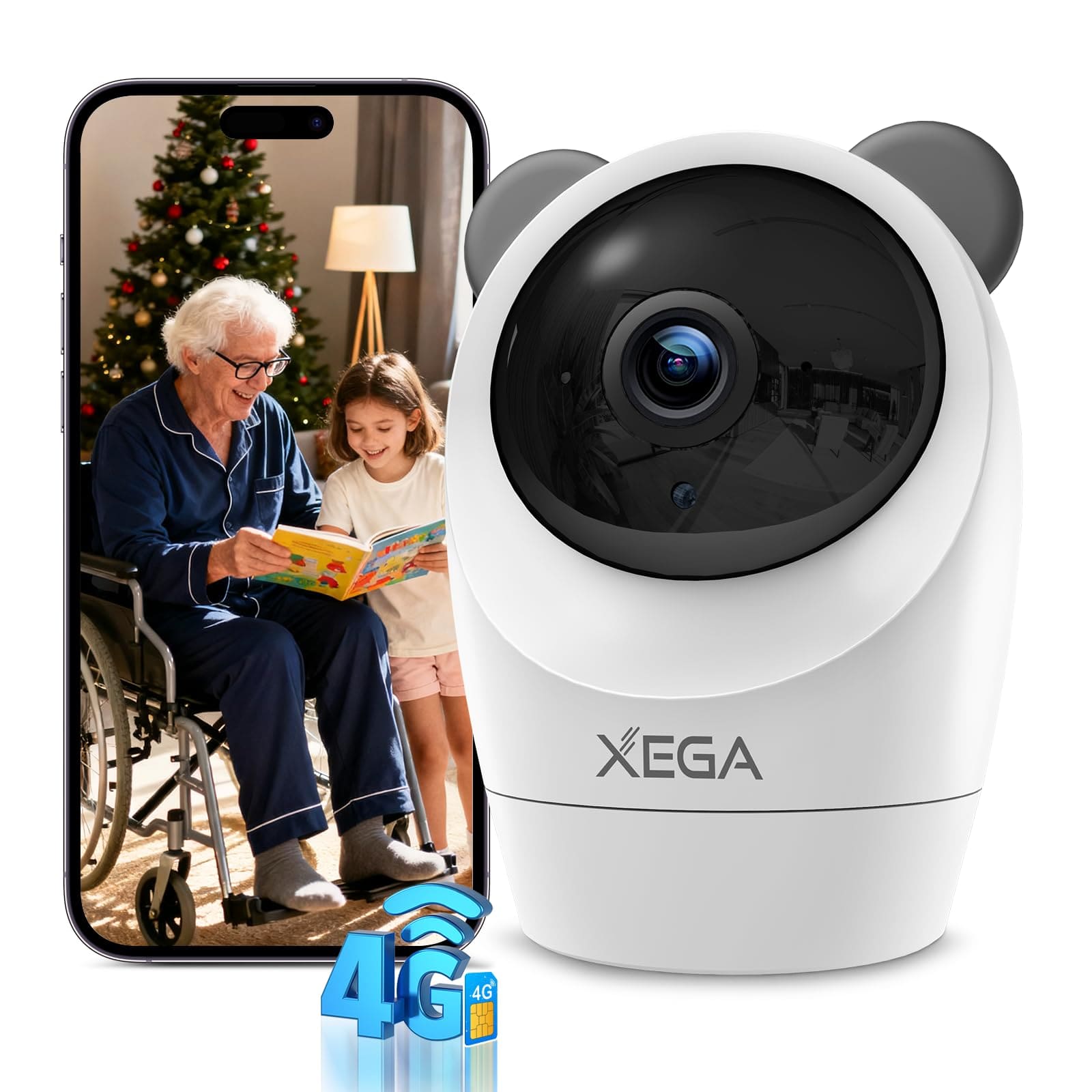 Xega 4G Cámara Vigilancia Interior con Tarjeta SIM,24/7 Grabación Continua Camara sin Wi-Fi,355°P 60° T, 2K Visión Nocturna,Detección PIR,Audio Bidireccional,TF & Cloud,Personas/Mascotas/Ancianos
