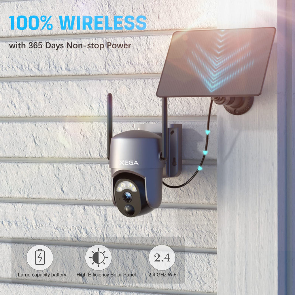 Xega Cámara de Seguridad Wi-Fi Solar Inalámbrica para Exteriores | 2K Cámara de Vigilancia para la Seguridad del Hogar, Visión Nocturna, Detección de Personas PIR/IA, Audio Bidireccional