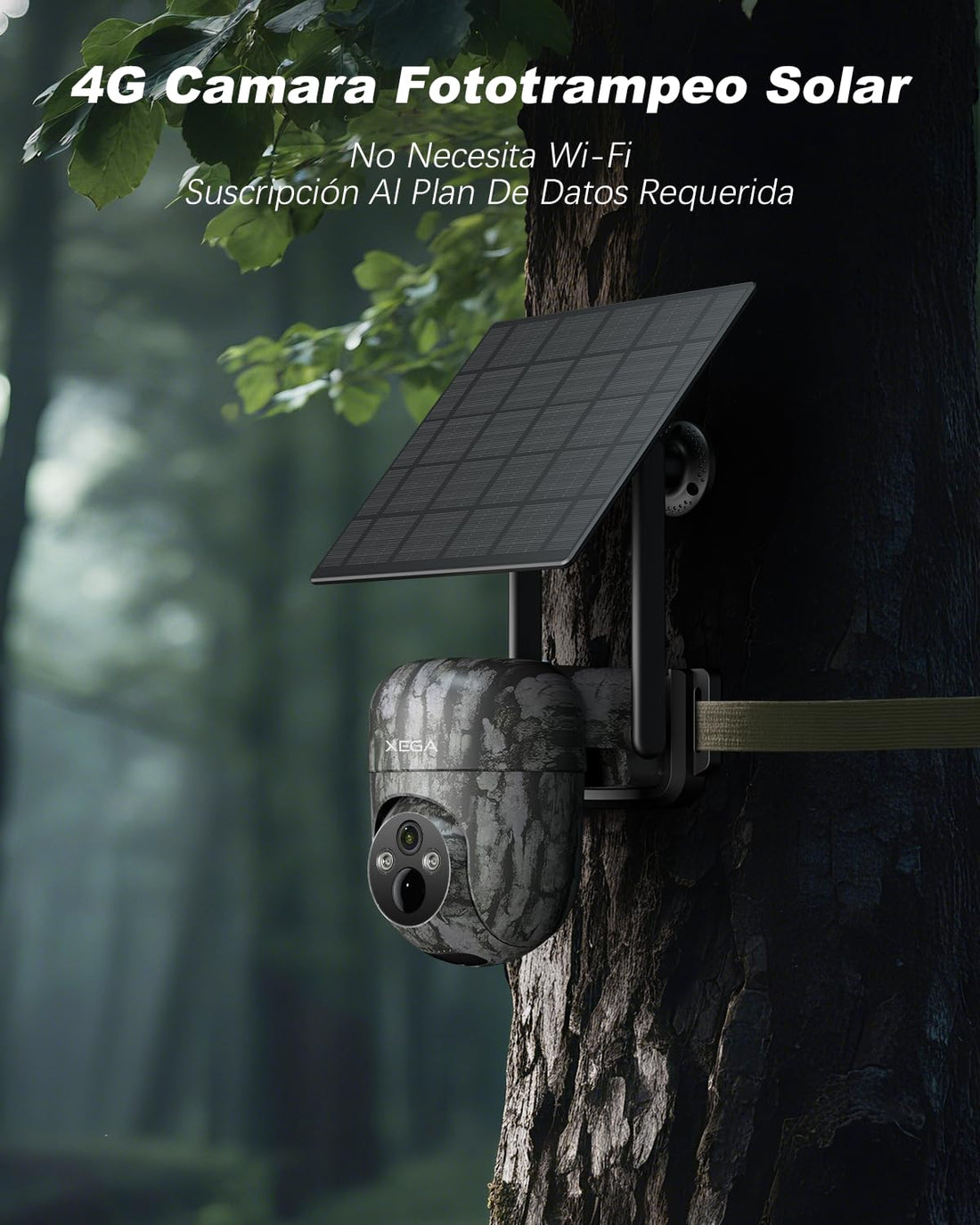 Xega 4G Camara De Caza Solar con Tarjeta SIM, 2K 3MP Exterior Fototrampeo Inalámbrica PTZ con Visión Nocturna Detección Personalizada Proyector/Sirena Alertas en App y Almacenamiento TF/Nube(Sin WiFi)