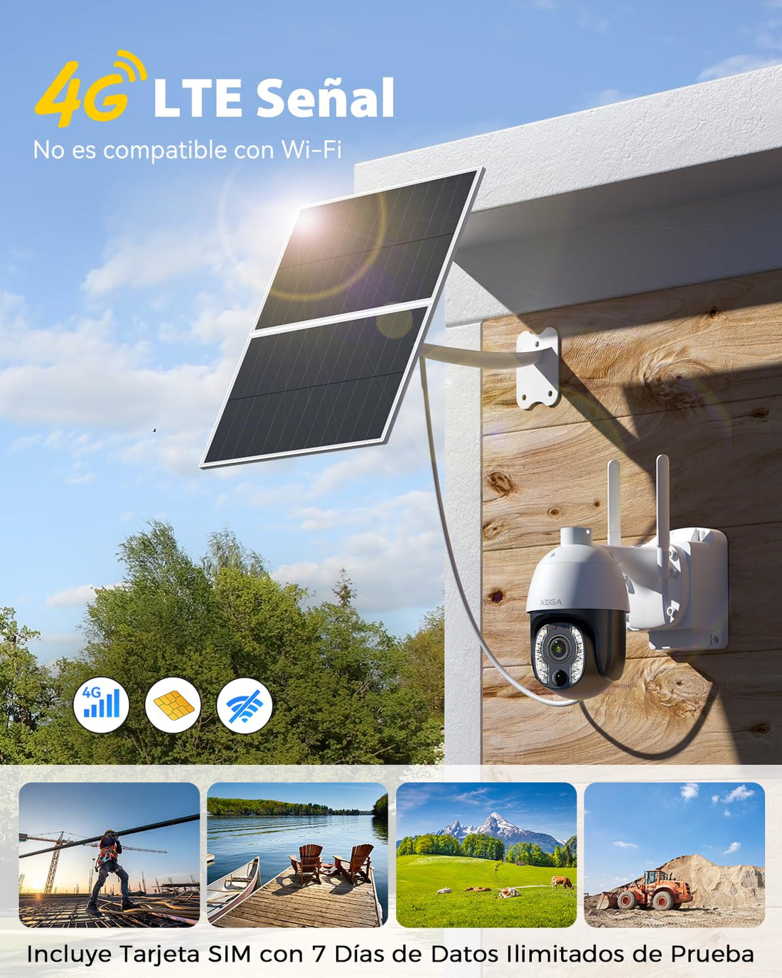 Xega 5MP【10X Óptico Zoom】4G LTE Cámara Vigilancia con Tarjeta SIM 20W Panel Solar 30,000 mAh Batería Grabación 24/7 Camara sin Wifi Exterior Detección Humana Visión Nocturna 100ft Audio Bidireccional