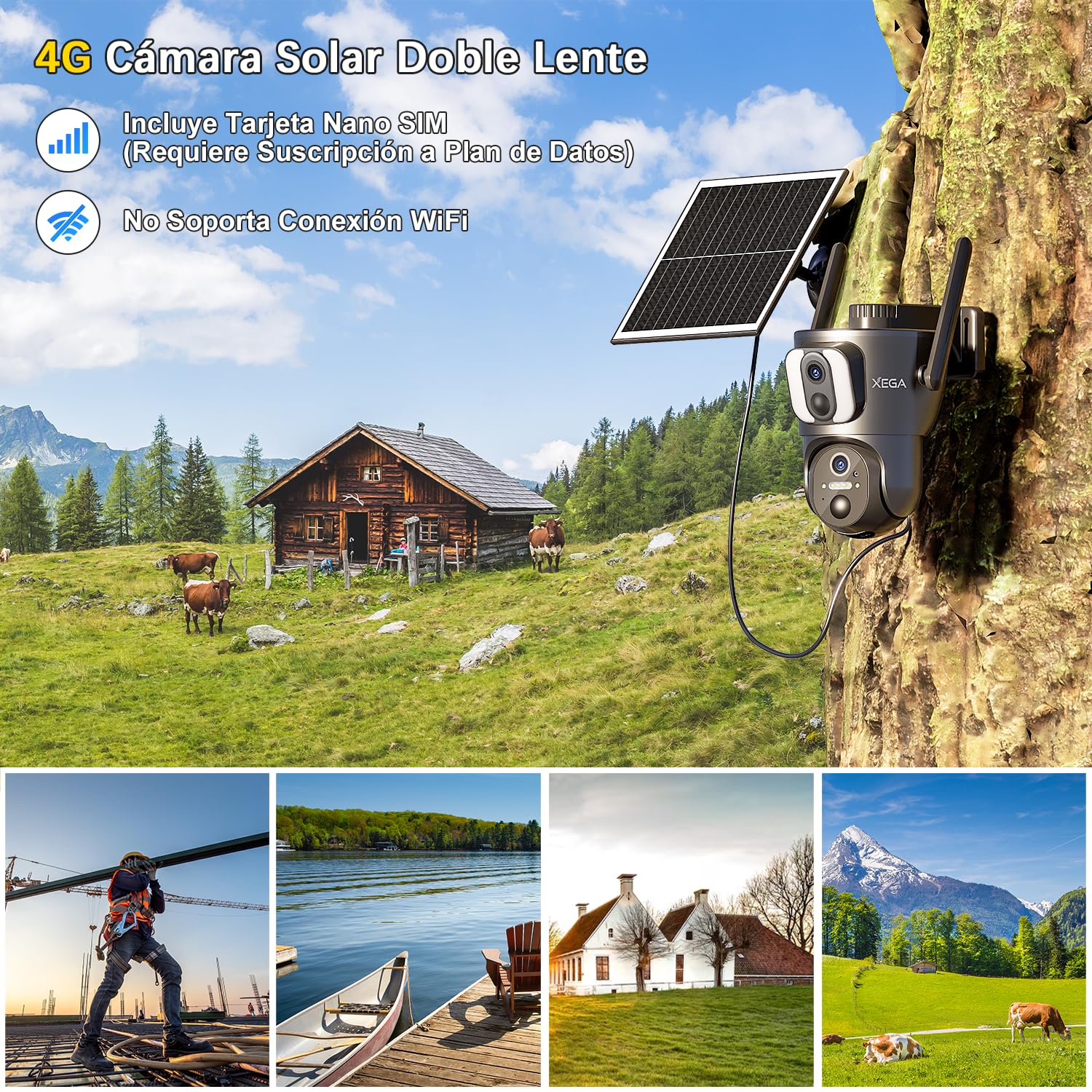 Xega 4G Camara Solar Exterior con Sim【Doble Lente】 14400mAh LTE Cámara Vigilancia Inalámbrica con Batería 2K HD IP PTZ 355°/100°, Detección Humana, Visión Nocturna, Alarma de Luz y Sonido,(Sin WiFi)