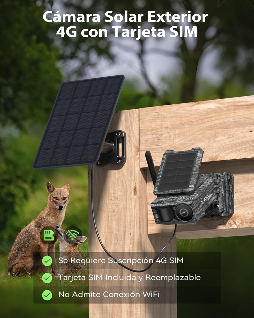 Xega Cámara Solar 4G con Tarjeta SIM 2 Paneles Solares, Fototrampeo Caza Exterior Inalámbrica, Detección de Movimiento, Visión Nocturna Sin Luz, Rotación 220°, Alertas En App (WiFi No Compatible)
