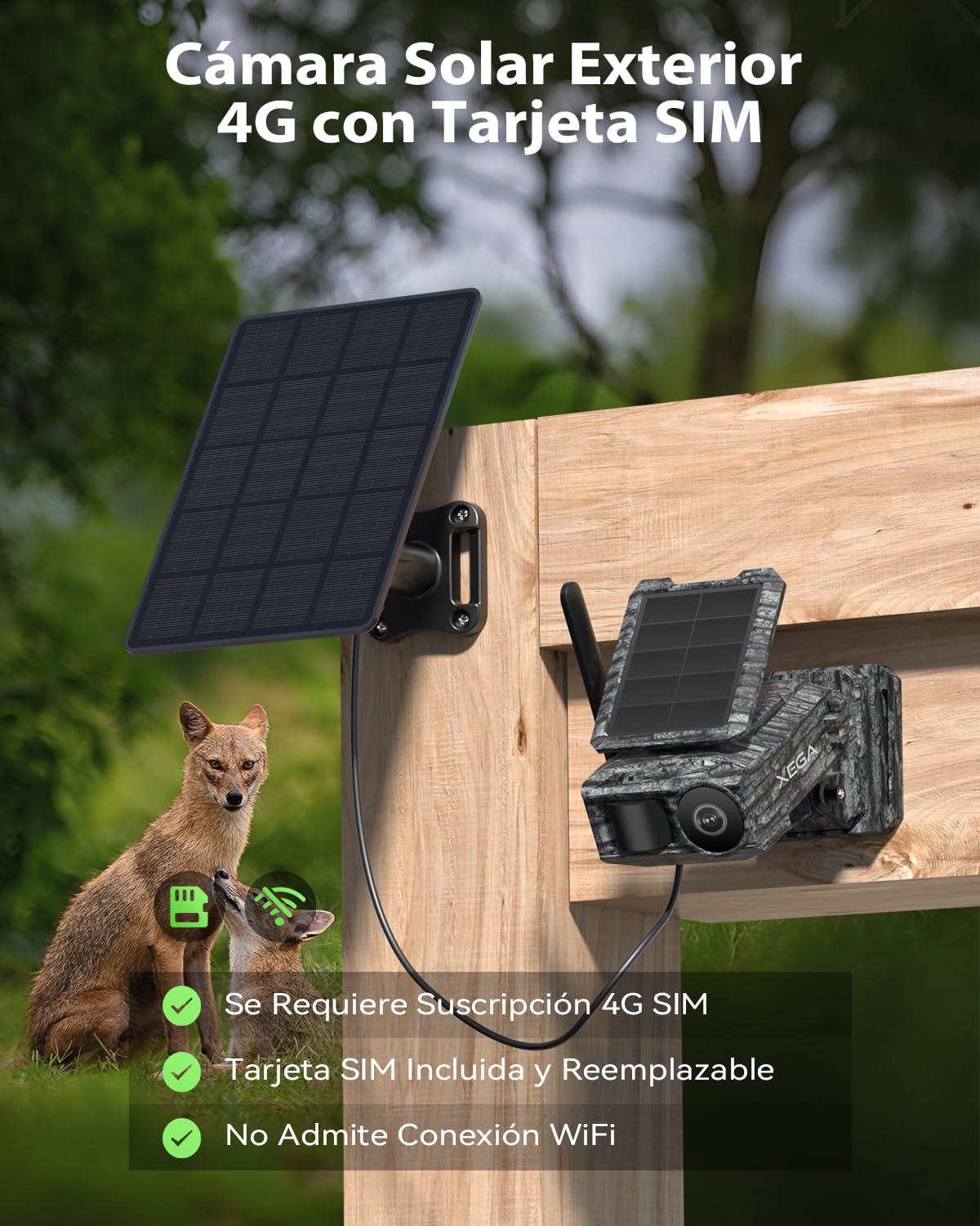 Xega Cámara Solar 4G con Tarjeta SIM 2 Paneles Solares, Fototrampeo Caza Exterior Inalámbrica, Detección de Movimiento, Visión Nocturna Sin Luz, Rotación 220°, Alertas En App (WiFi No Compatible)
