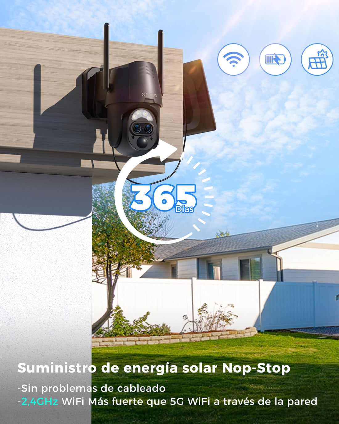 Xega Cámara Vigilancia WiFi Exterior Doble Lentes, 2K Cámara Exterior Solar con【Zoom Híbrido 12X】 AI Detección Humana, Visión Nocturna Color, Audio Bidireccional, 2,4GHz WiFi, 0,2s Alarma, IP66