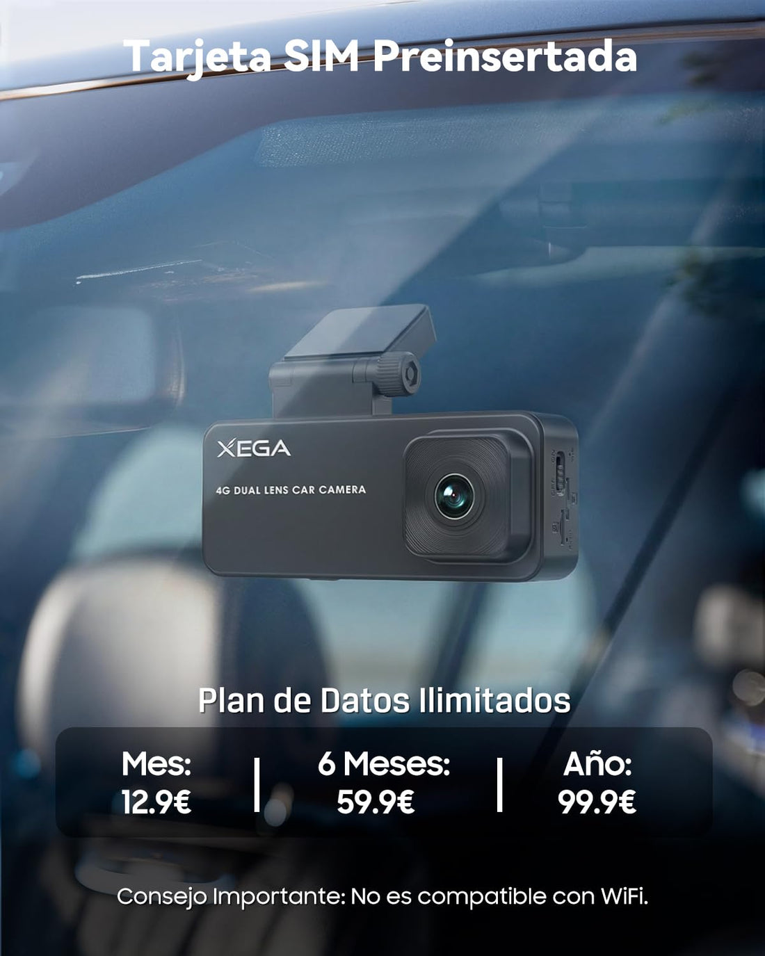 XEGA 2K 4G Dash CAM Coche con Tarjeta SIM, Camara Coche Grabadora sin WiFi, Visión en Vivo Remota, Detección Movimiento/Colisión, Monitor de Aparcamiento, Audio Bidireccional, Nocturna, GPS, OBD