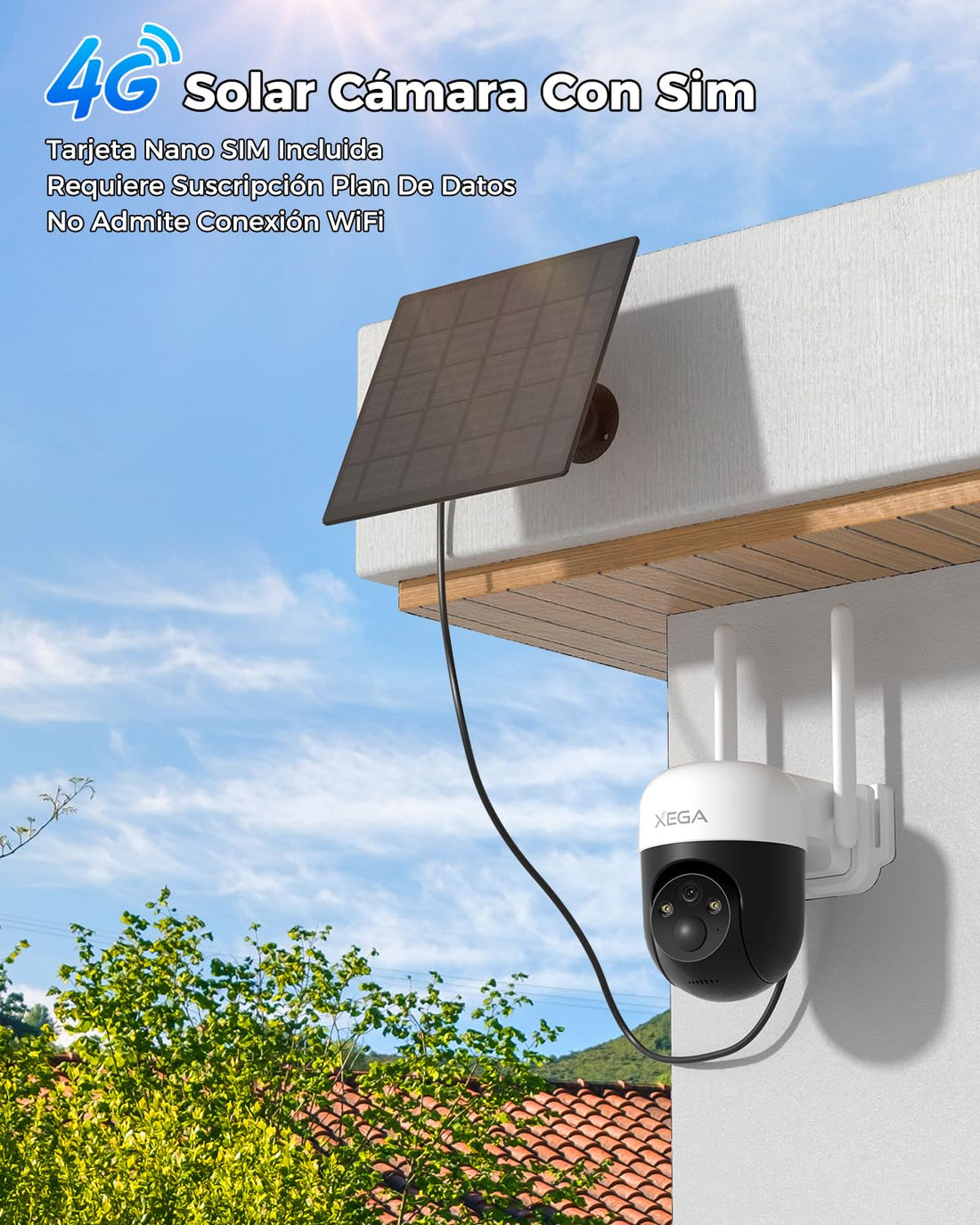 4G LTE Cámara Solar con Tarjeta SIM, 2K 3MP Exterior Inalámbrica, Camara Vigilancia PTZ con Visión Nocturna Detección Personalizada Proyector/Sirena Alertas en App y Almacenamiento TF/Nube(Sin WiFi)