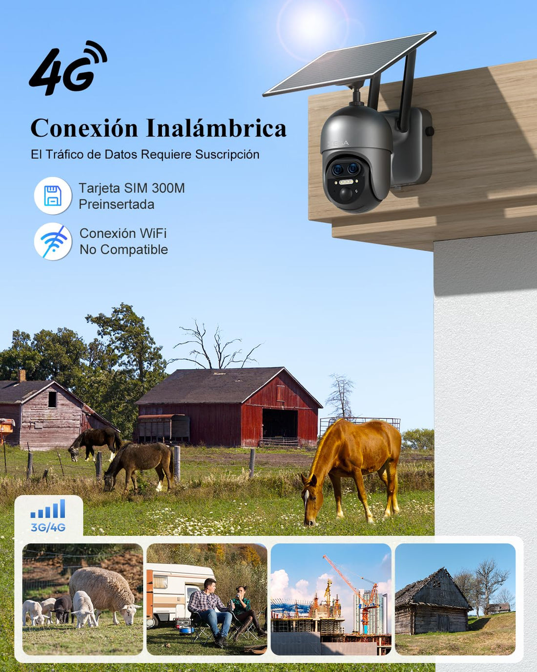 Xega Cámara Solar 4G LTE PTZ 【Doble Lente】 2K 12X Zoom Exterior | Batería 10400mAh, Visión Nocturna, Detección PIR Humana, IP66, Almacenamiento TF y Cloud, sin WiFi necesario