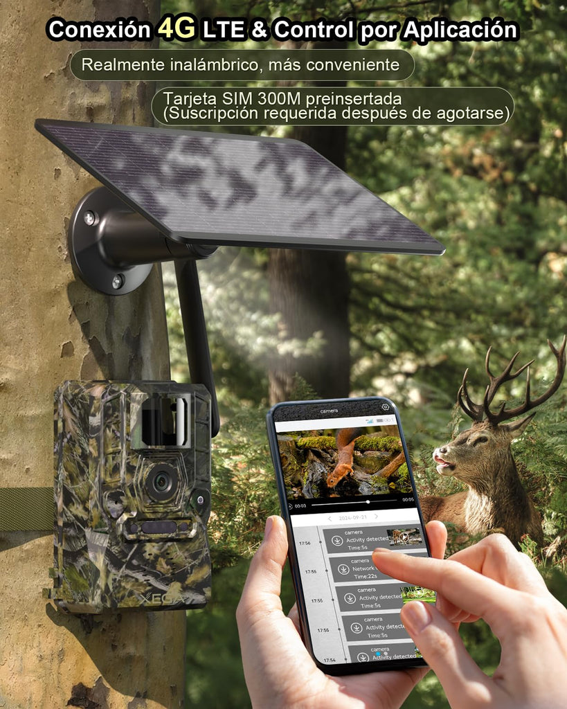 Xega 4G LTE Cámara de Caza Solar con Tarjeta SIM, 2K Camara Fototrampeo Exterior por Infrarrojos Invisible con 7800 mAh Batería, Alerta Instantánea,Detección PIR Nocturna,Posicionamiento GPS,IP66