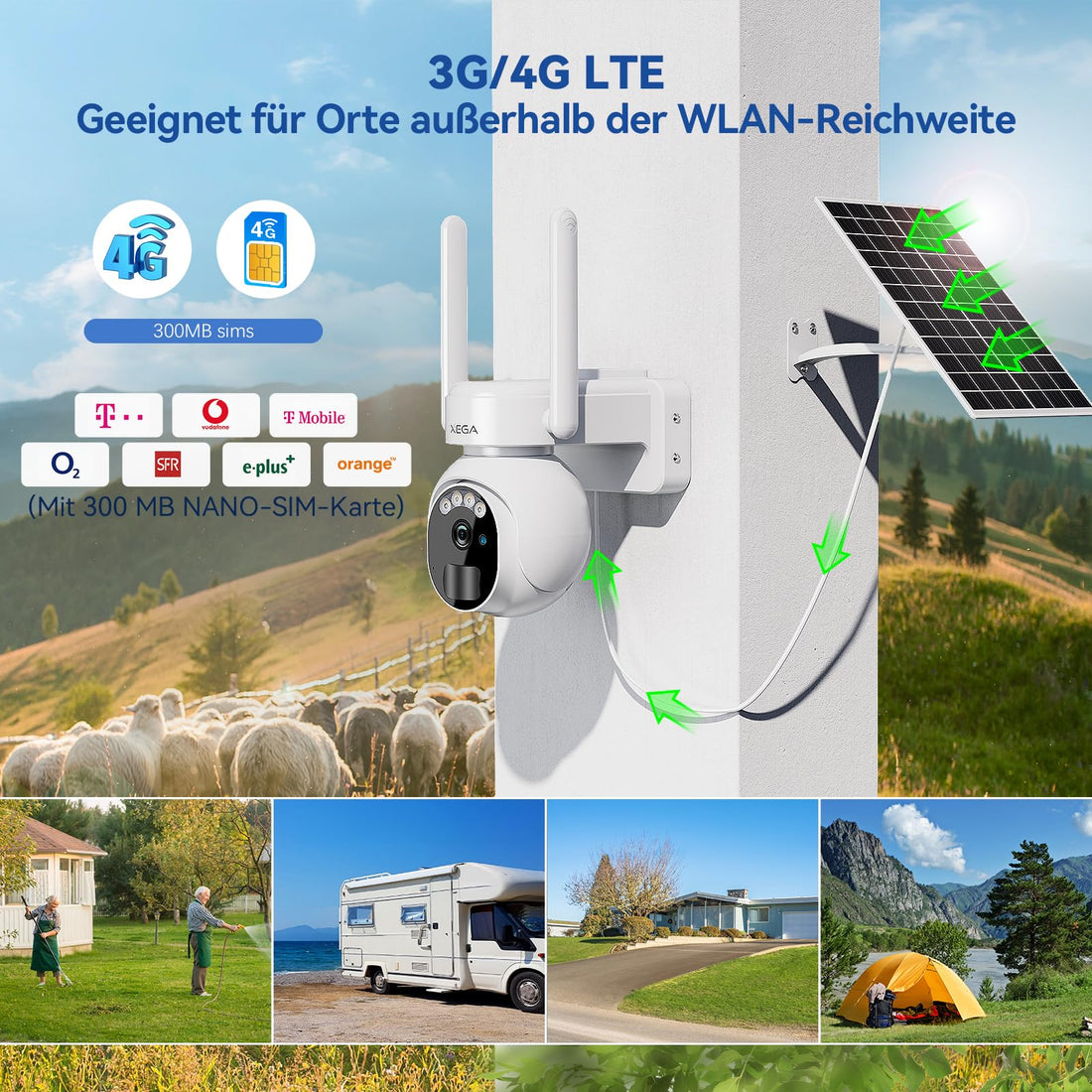 Xega 4G LTE Cámara Vigilancia Exterior con Tarjeta SIM 2K HD Cámara de Seguridad Solar Inalámbrica con Batería PTZ 355°/90° Visión Nocturna Detección De Movimiento Audio Bidireccional