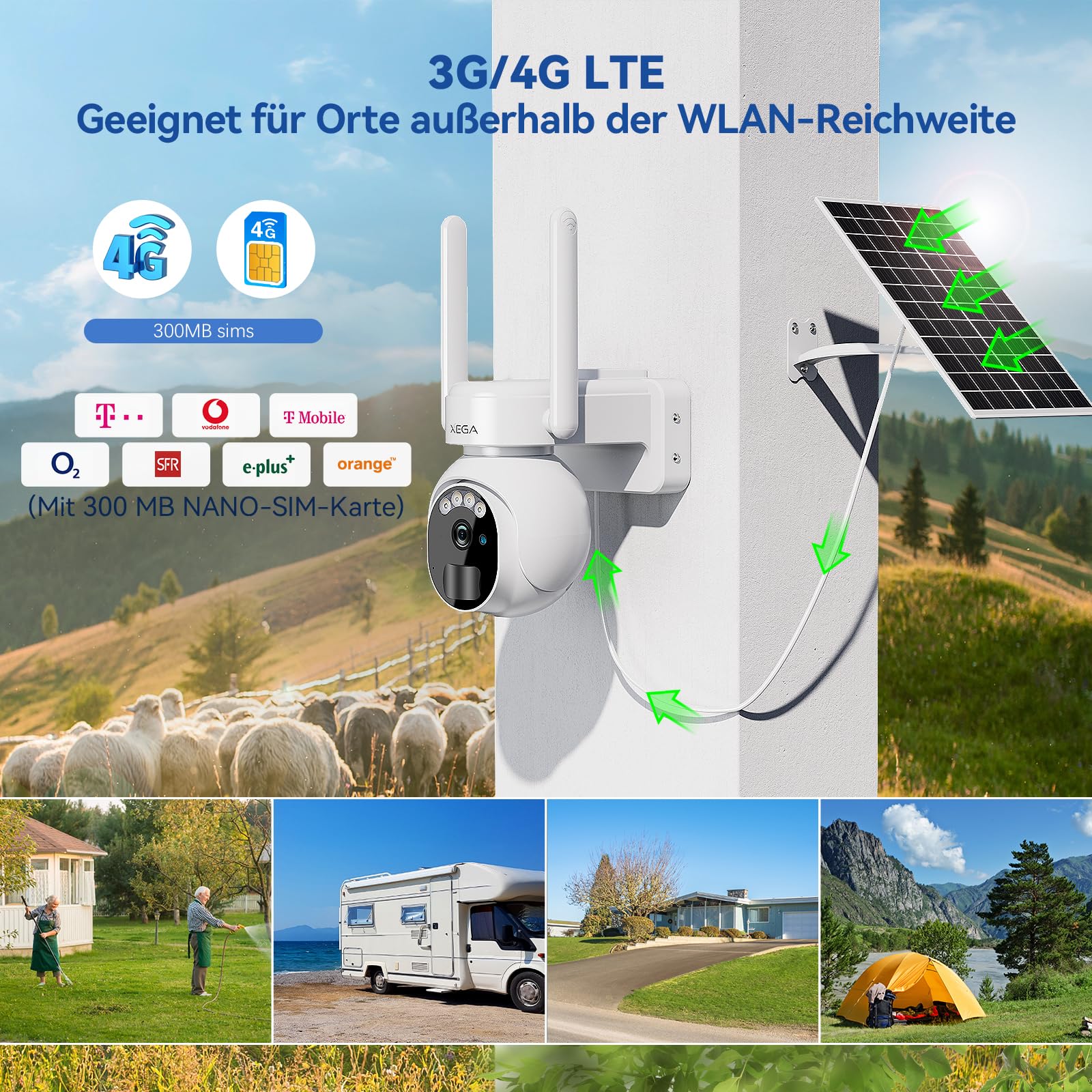 Xega 4G LTE Cámara Vigilancia Exterior con Tarjeta SIM 2K HD Cámara de Seguridad Solar Inalámbrica con Batería PTZ 355°/90° Visión Nocturna Detección De Movimiento Audio Bidireccional
