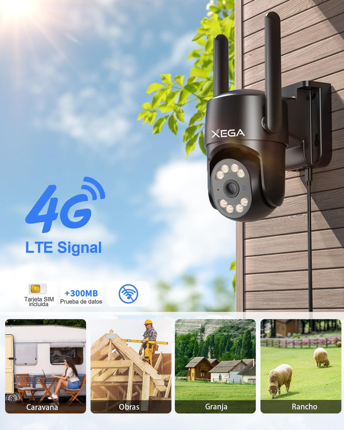 Xega 4G Camara Exterior con Tarjeta SIM【24/7 Grabación Continua】 2K PTZ Cámara Vigilancia con Cable, Seguimiento Automático AI Detección Humano Instanrt Alerta, IP66, Tarjeta SIM incluida