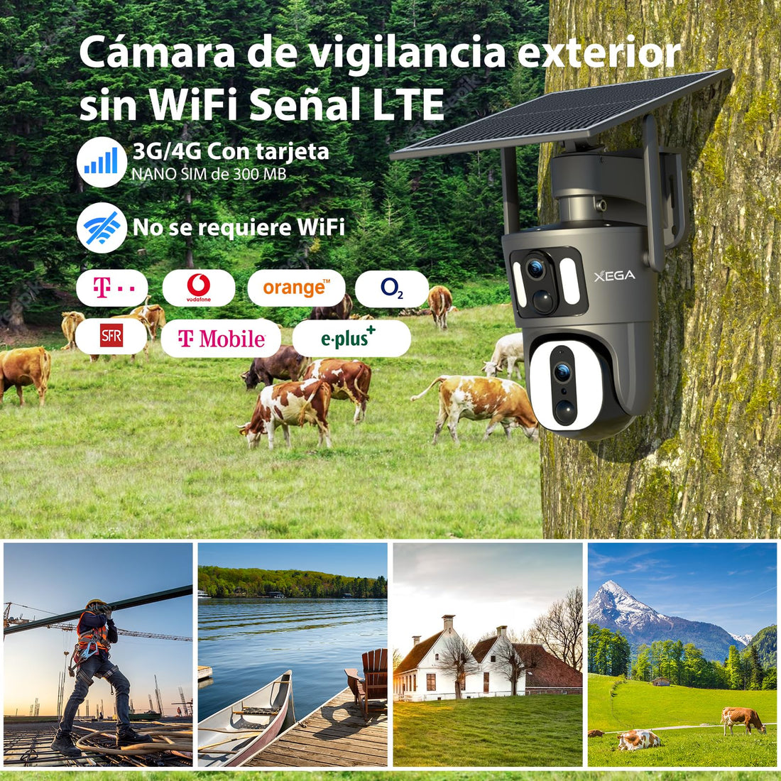 Xega 4G LTE Cámara de Seguridad Inalámbrica para Exteriores con Doble Lente Cámara de Seguridad Solar 1080P HD Vista de 360° Pantalla Dual Visión Nocturna en Color Audio Bidireccional IP66 TF/Cloud