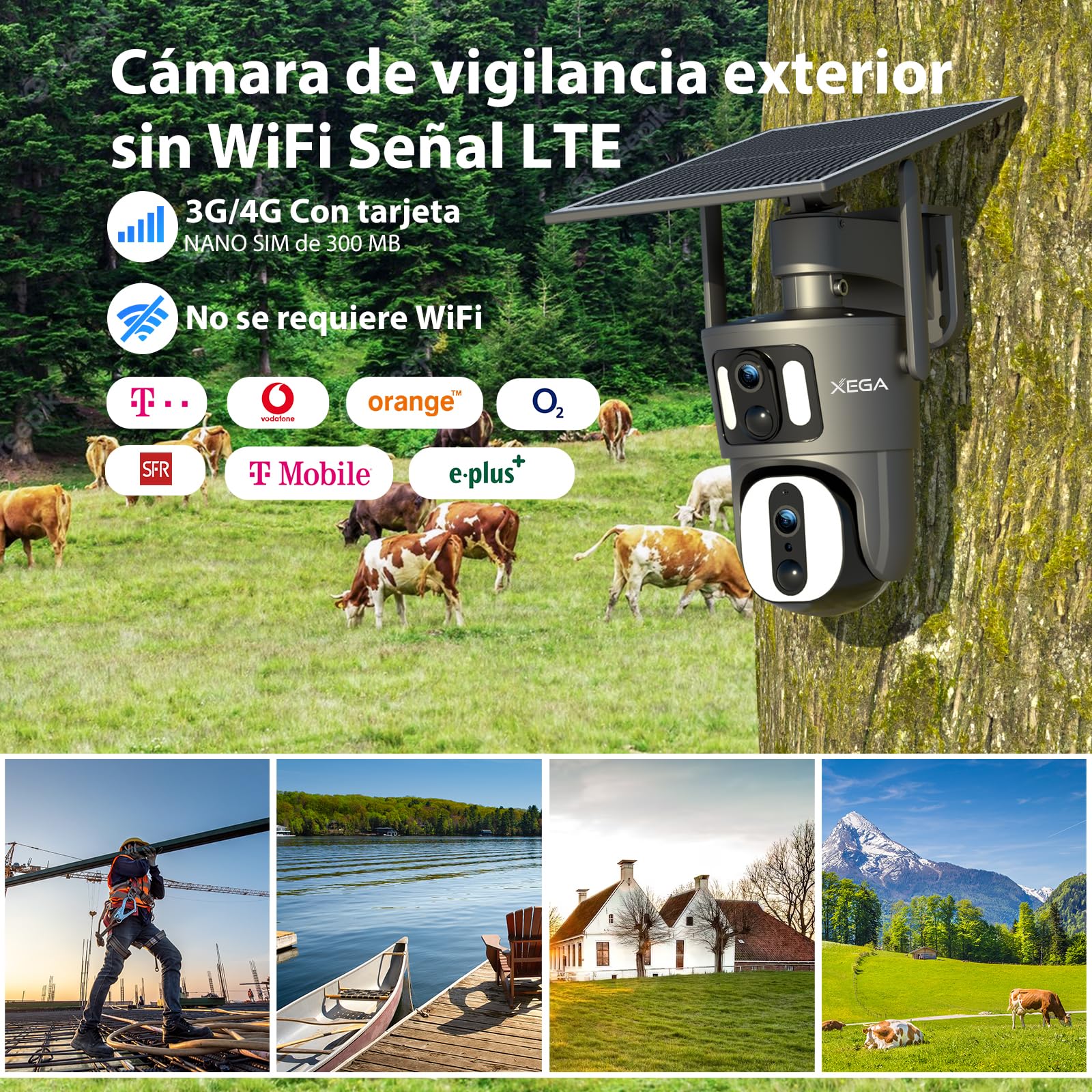 Xega 4G LTE Cámara de Seguridad Inalámbrica para Exteriores con Doble Lente Cámara de Seguridad Solar 1080P HD Vista de 360° Pantalla Dual Visión Nocturna en Color Audio Bidireccional IP66 TF/Cloud