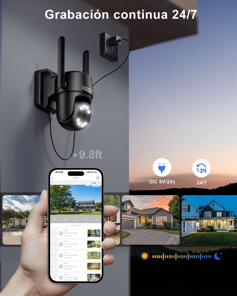 Xega 4G Camara Exterior con Tarjeta SIM【24/7 Grabación Continua】 2K PTZ Cámara Vigilancia con Cable, Seguimiento Automático AI Detección Humano Instanrt Alerta, IP66, Tarjeta SIM incluida