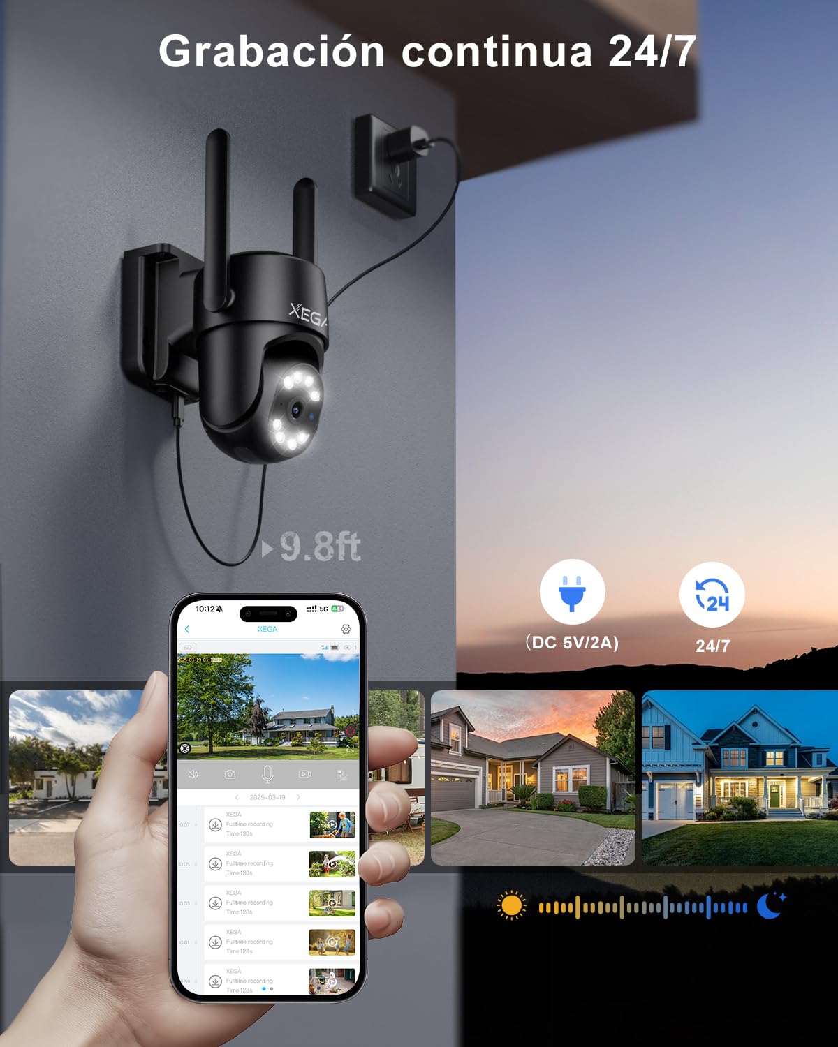 Xega 4G Camara Exterior con Tarjeta SIM【24/7 Grabación Continua】 2K PTZ Cámara Vigilancia con Cable, Seguimiento Automático AI Detección Humano Instanrt Alerta, IP66, Tarjeta SIM incluida