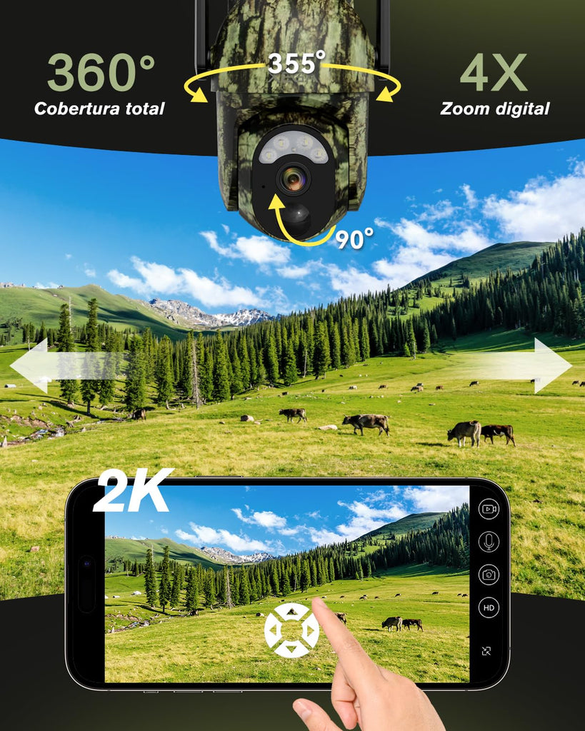 Xega 4G LTE Cámara de Caza Solar con Tarjeta SIM Fototrampeo Exterior | 2K PTZ Camara PIR Detección, Visión Nocturna en Color, Audio de 2 vías, IP65, 0.2s Activación, para en Lugares sin WiFi