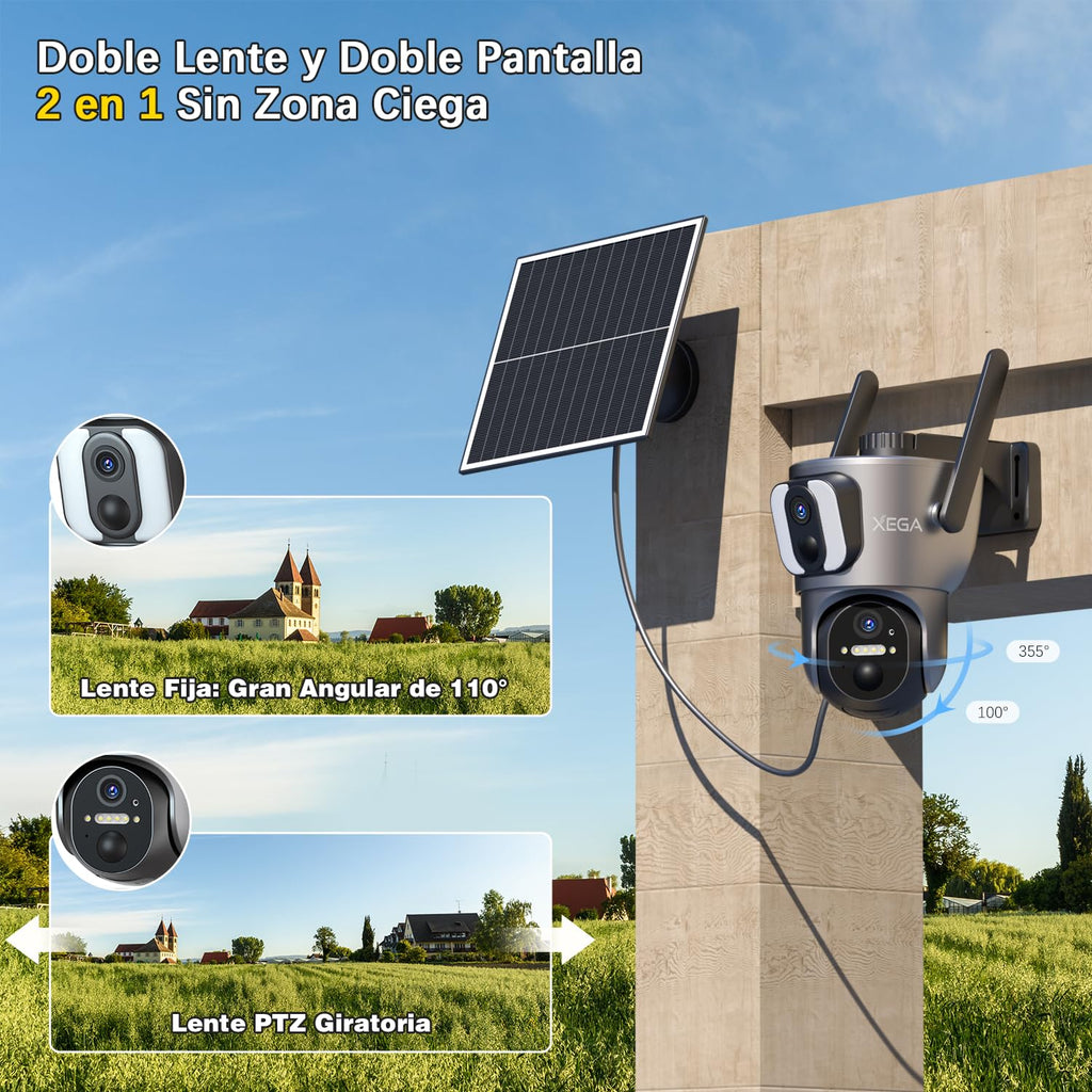 Xega 4G Camara Solar Exterior con Sim【Doble Lente】 14400mAh LTE Cámara Vigilancia Inalámbrica con Batería 2K HD IP PTZ 355°/100°, Detección Humana, Visión Nocturna, Alarma de Luz y Sonido,(Sin WiFi)