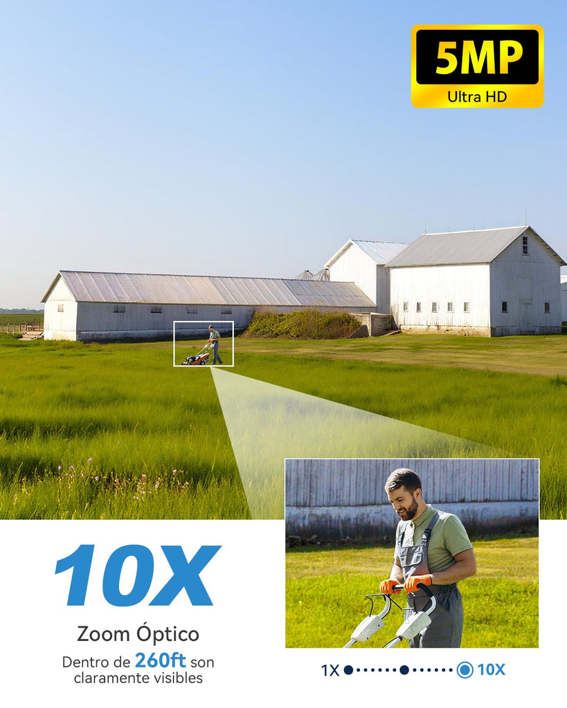 Xega 5MP【10X Óptico Zoom】4G LTE Cámara Vigilancia con Tarjeta SIM 20W Panel Solar 30,000 mAh Batería Grabación 24/7 Camara sin Wifi Exterior Detección Humana Visión Nocturna 100ft Audio Bidireccional
