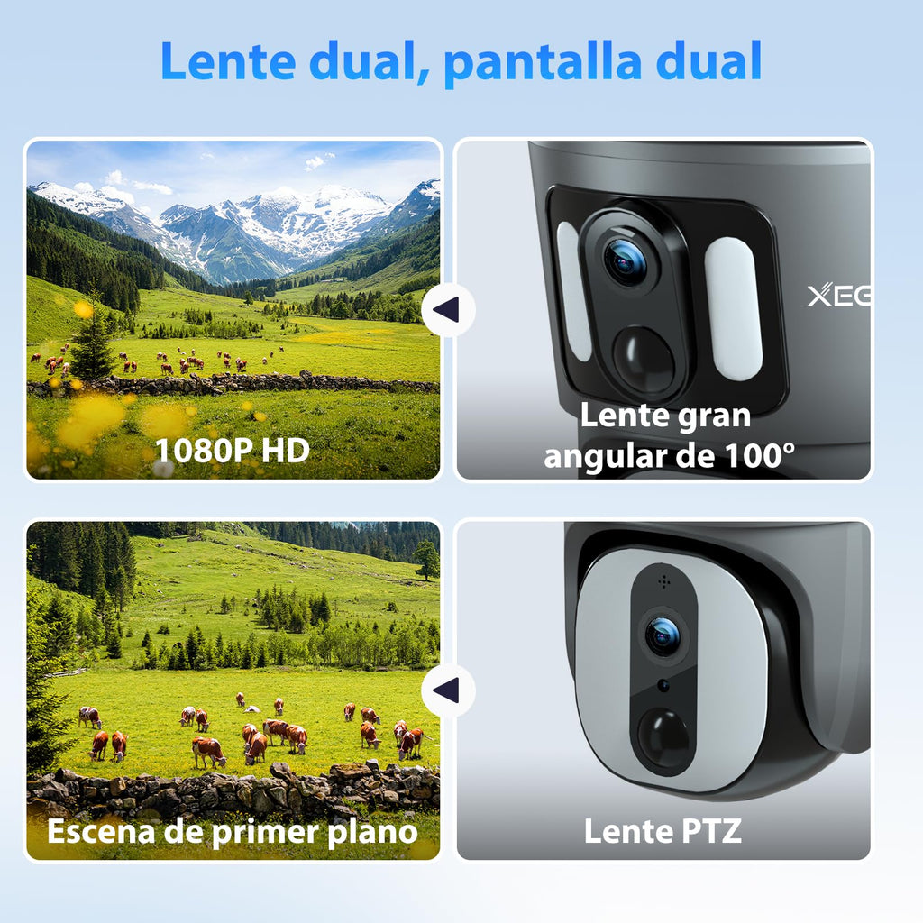 Xega 4G LTE Cámara de Seguridad Inalámbrica para Exteriores con Doble Lente Cámara de Seguridad Solar 1080P HD Vista de 360° Pantalla Dual Visión Nocturna en Color Audio Bidireccional IP66 TF/Cloud