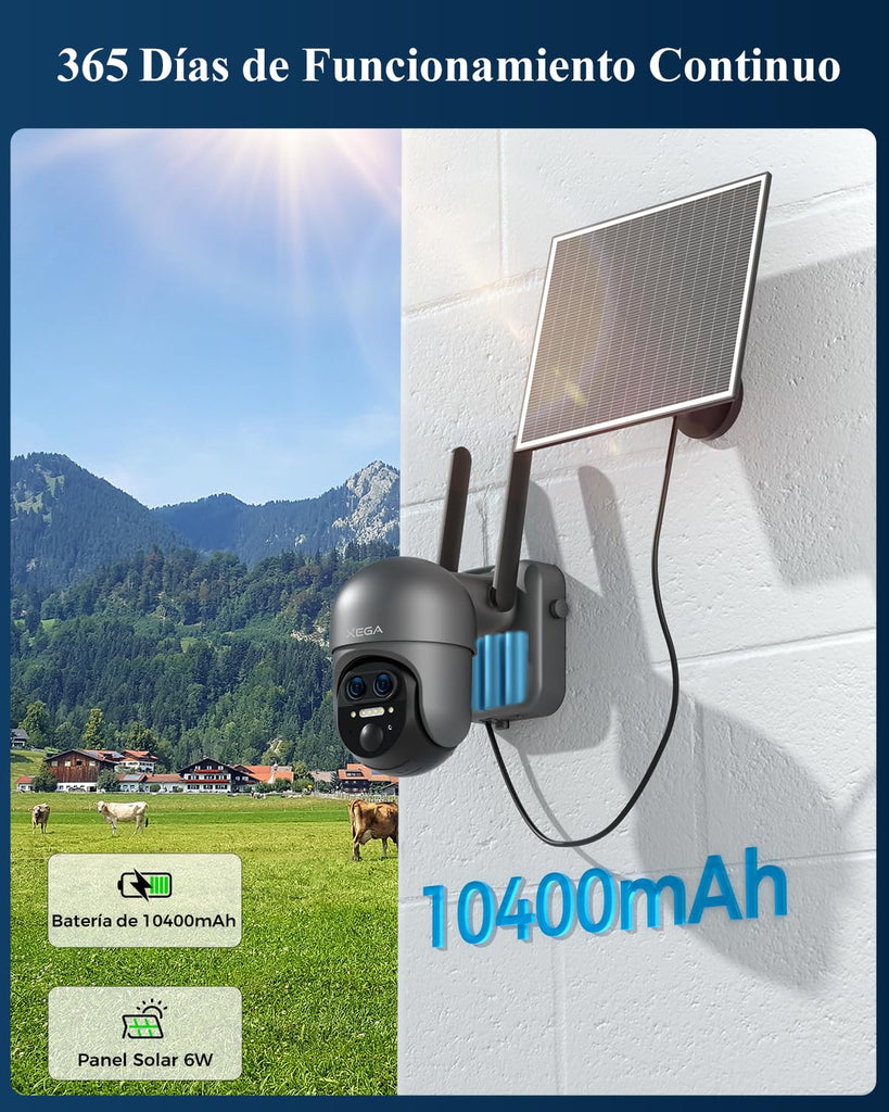 Xega Cámara Solar 4G LTE PTZ 【Doble Lente】 2K 12X Zoom Exterior | Batería 10400mAh, Visión Nocturna, Detección PIR Humana, IP66, Almacenamiento TF y Cloud, sin WiFi necesario