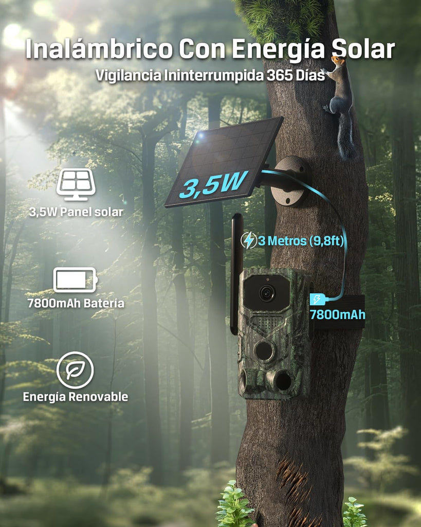 Xega 4G【Detección PIR 3】 Cámara de Caza con Tarjeta SIM y App,2K HD Solar Camara Fototrampeo sin WiFi,Nocturna Invisible 940nm,0,1s Activación,Batería de 7800 mAh,Audio Bidireccional,TF/Nube,GPS IP66