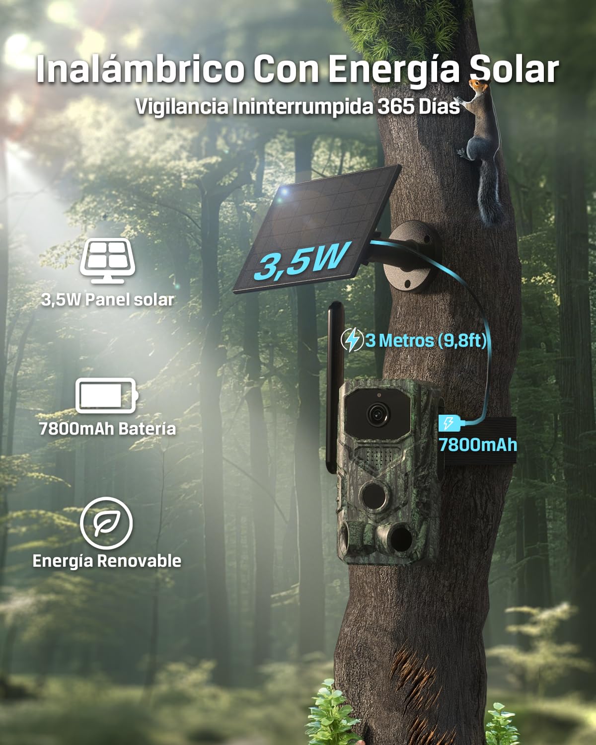 Xega 4G【Detección PIR 3】 Cámara de Caza con Tarjeta SIM y App,2K HD Solar Camara Fototrampeo sin WiFi,Nocturna Invisible 940nm,0,1s Activación,Batería de 7800 mAh,Audio Bidireccional,TF/Nube,GPS IP66