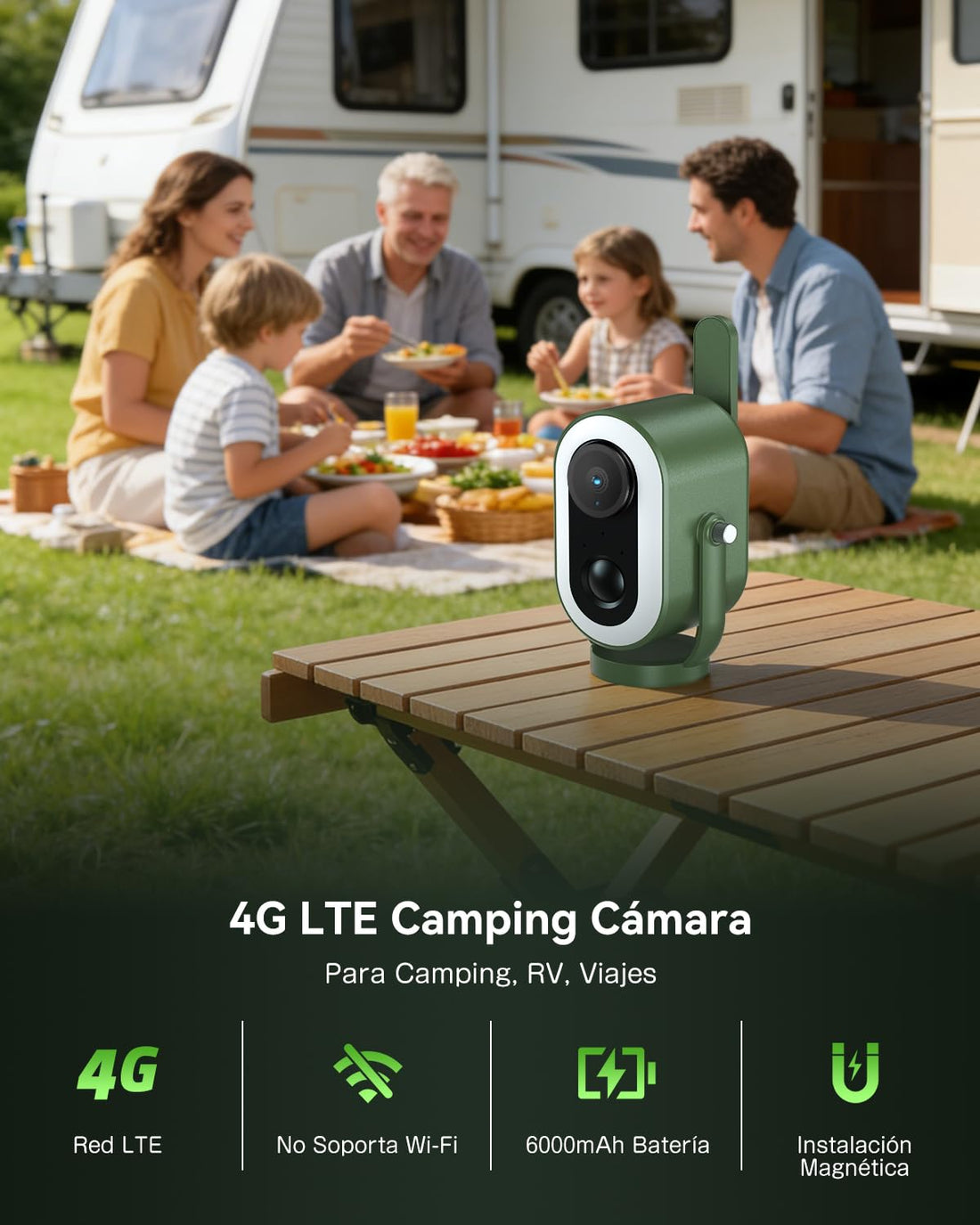 Xega 4G LTE Cámara de Seguridad Magnética con Tarjeta SIM Portátil Exterior | 2K HD Celular Cámara de Seguridad Batería 6000mAh Detección PIR Humana para Autocaravanas/Camping/Viajes/Picnic IP65
