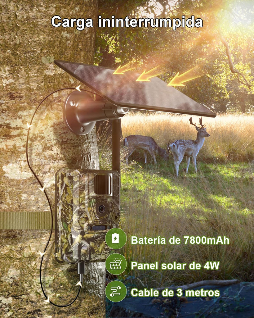 Xega 4G LTE Cámara de Caza Solar con Tarjeta SIM, 2K Camara Fototrampeo Exterior por Infrarrojos Invisible con 7800 mAh Batería, Alerta Instantánea,Detección PIR Nocturna,Posicionamiento GPS,IP66