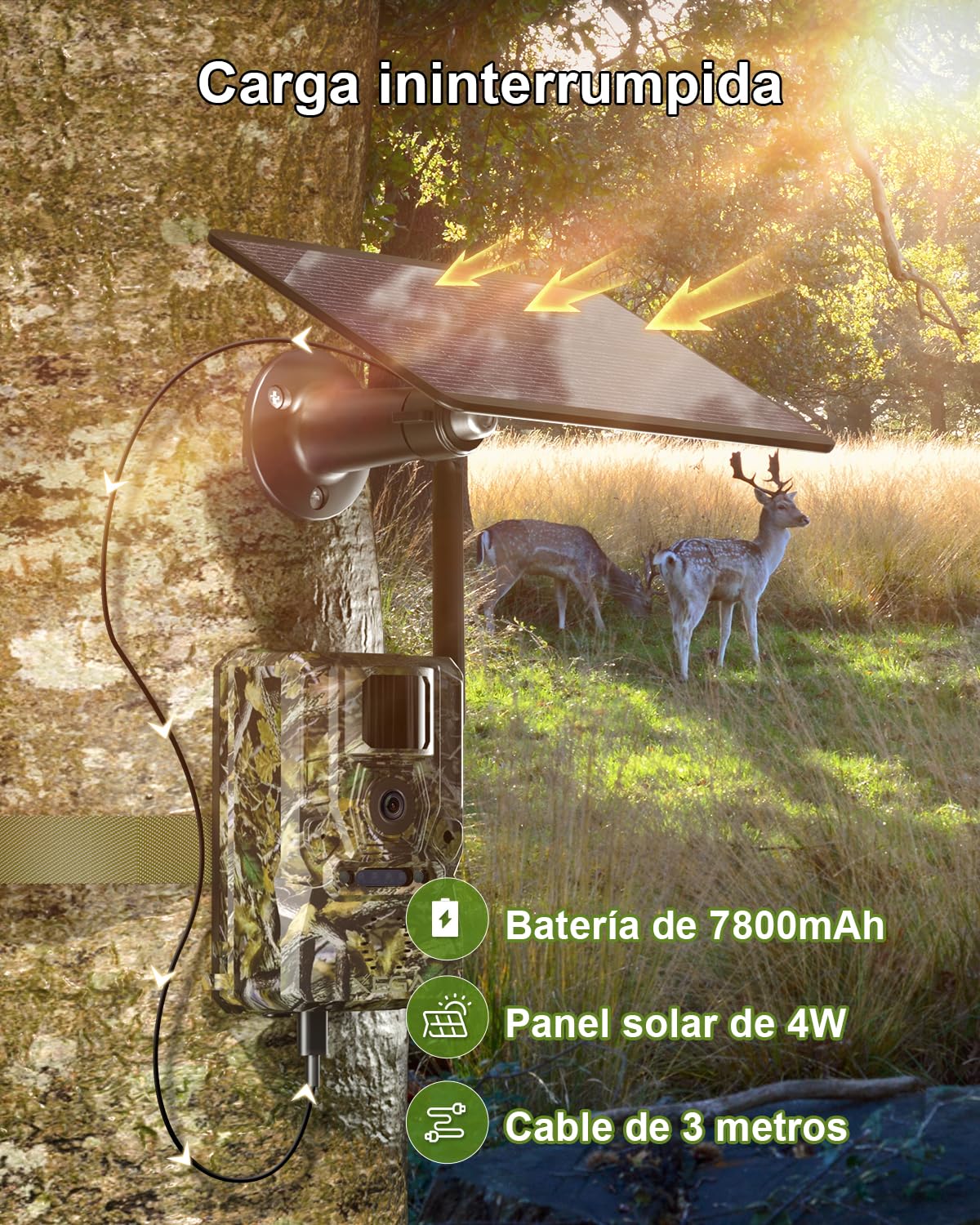 Xega 4G LTE Cámara de Caza Solar con Tarjeta SIM, 2K Camara Fototrampeo Exterior por Infrarrojos Invisible con 7800 mAh Batería, Alerta Instantánea,Detección PIR Nocturna,Posicionamiento GPS,IP66