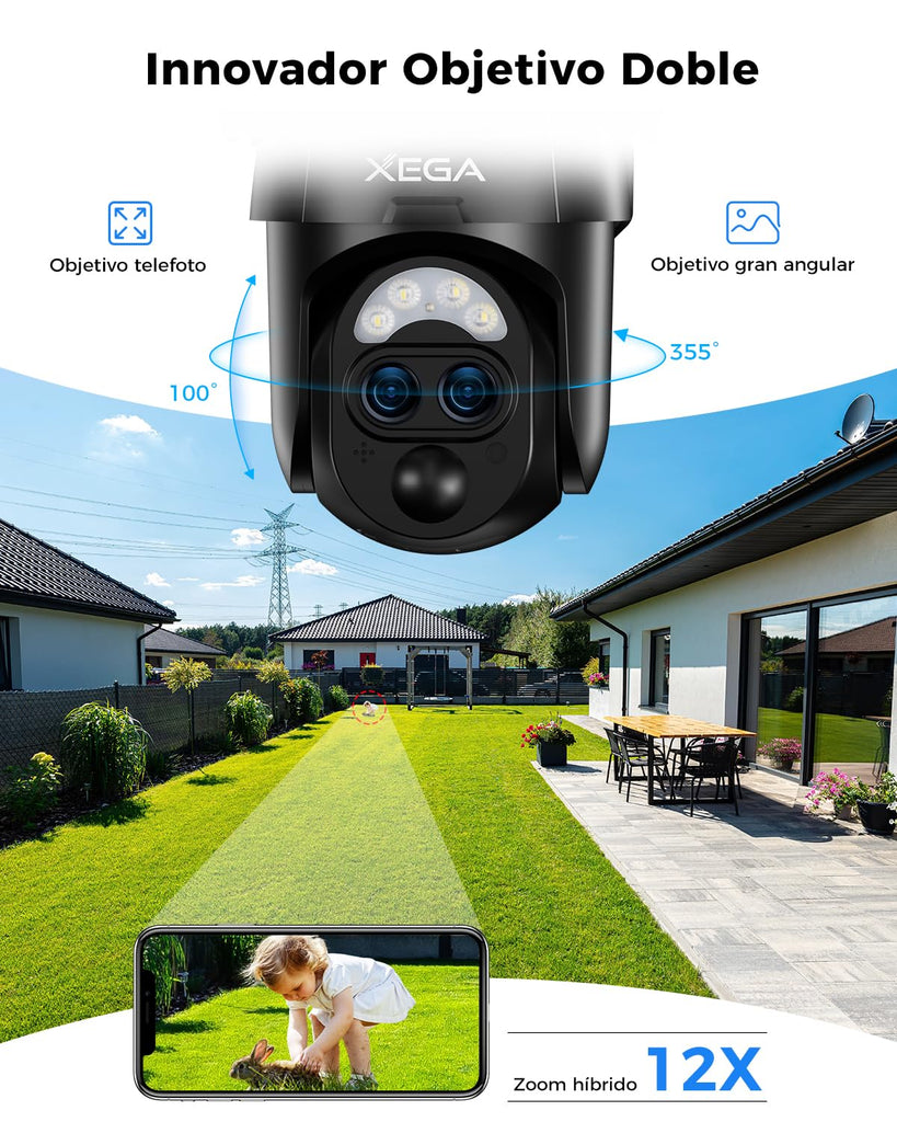 Xega Cámara Vigilancia WiFi Exterior Doble Lentes, 2K Cámara Exterior Solar con【Zoom Híbrido 12X】 AI Detección Humana, Visión Nocturna Color, Audio Bidireccional, 2,4GHz WiFi, 0,2s Alarma, IP66