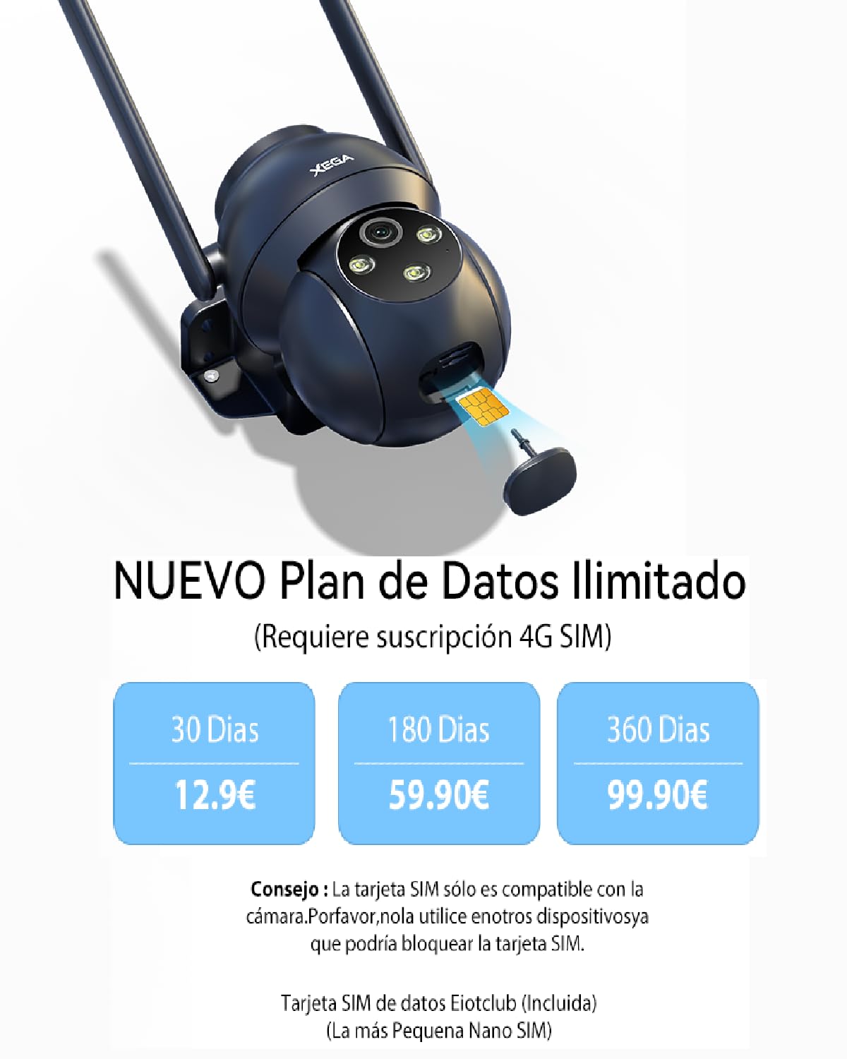 Xega 4G LTE Camara Vigilancia Exterior con Tarjeta SIM, 24/7 Grabación, PTZ Seguimiento Automático, Detección Humana, Foco y Sirena Visión Nocturna en Color 2K HD Almacenamiento TF/Cloud IP66