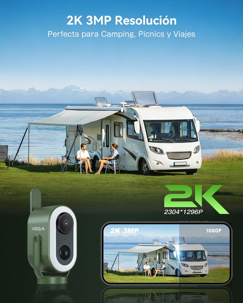 Xega 4G LTE Cámara de Seguridad Magnética con Tarjeta SIM Portátil Exterior | 2K HD Celular Cámara de Seguridad Batería 6000mAh Detección PIR Humana para Autocaravanas/Camping/Viajes/Picnic IP65