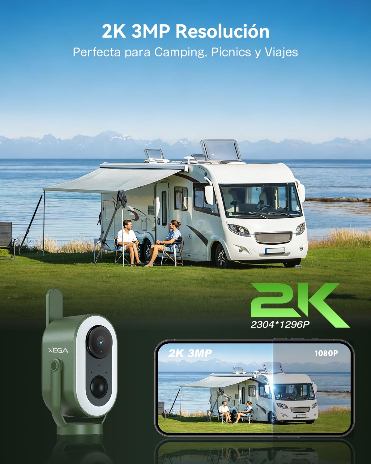 Xega 4G LTE Cámara de Seguridad Magnética con Tarjeta SIM Portátil Exterior | 2K HD Celular Cámara de Seguridad Batería 6000mAh Detección PIR Humana para Autocaravanas/Camping/Viajes/Picnic IP65