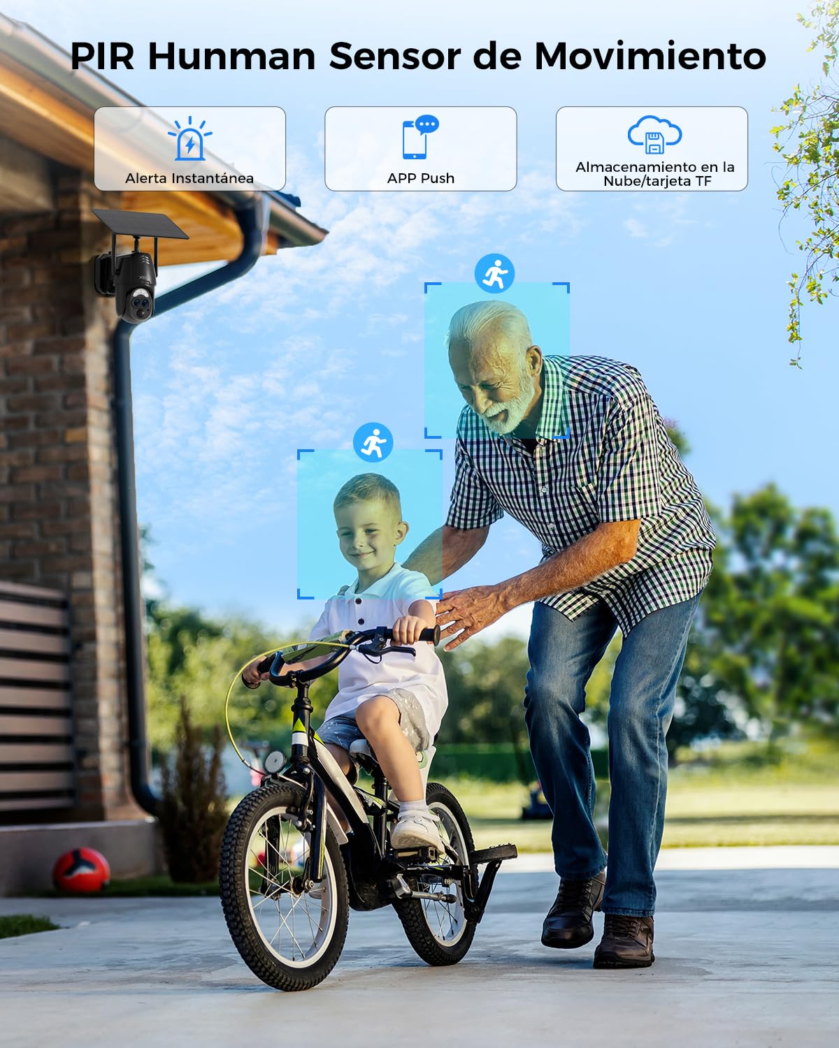 Xega Cámara Vigilancia WiFi Exterior Doble Lentes, 2K Cámara Exterior Solar con【Zoom Híbrido 12X】 AI Detección Humana, Visión Nocturna Color, Audio Bidireccional, 2,4GHz WiFi, 0,2s Alarma, IP66