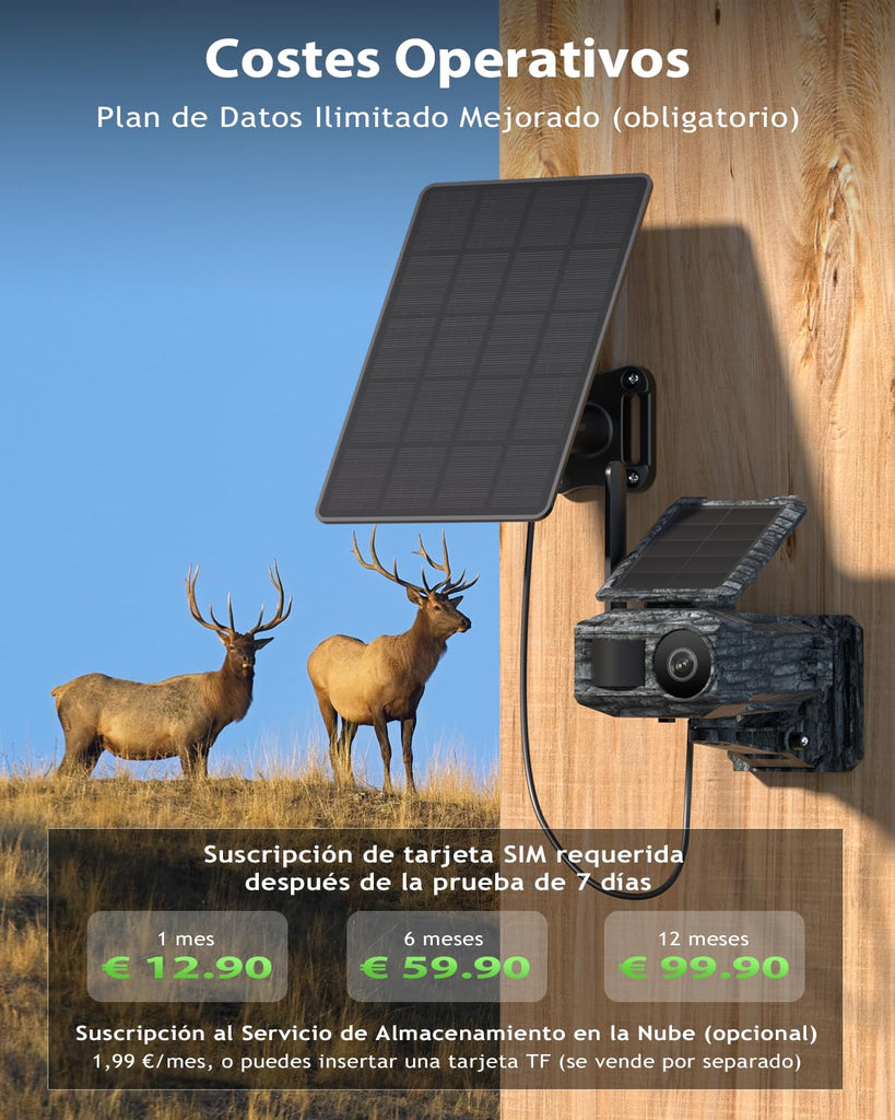 Xega Cámara Solar 4G con Tarjeta SIM 2 Paneles Solares, Fototrampeo Caza Exterior Inalámbrica, Detección de Movimiento, Visión Nocturna Sin Luz, Rotación 220°, Alertas En App (WiFi No Compatible)
