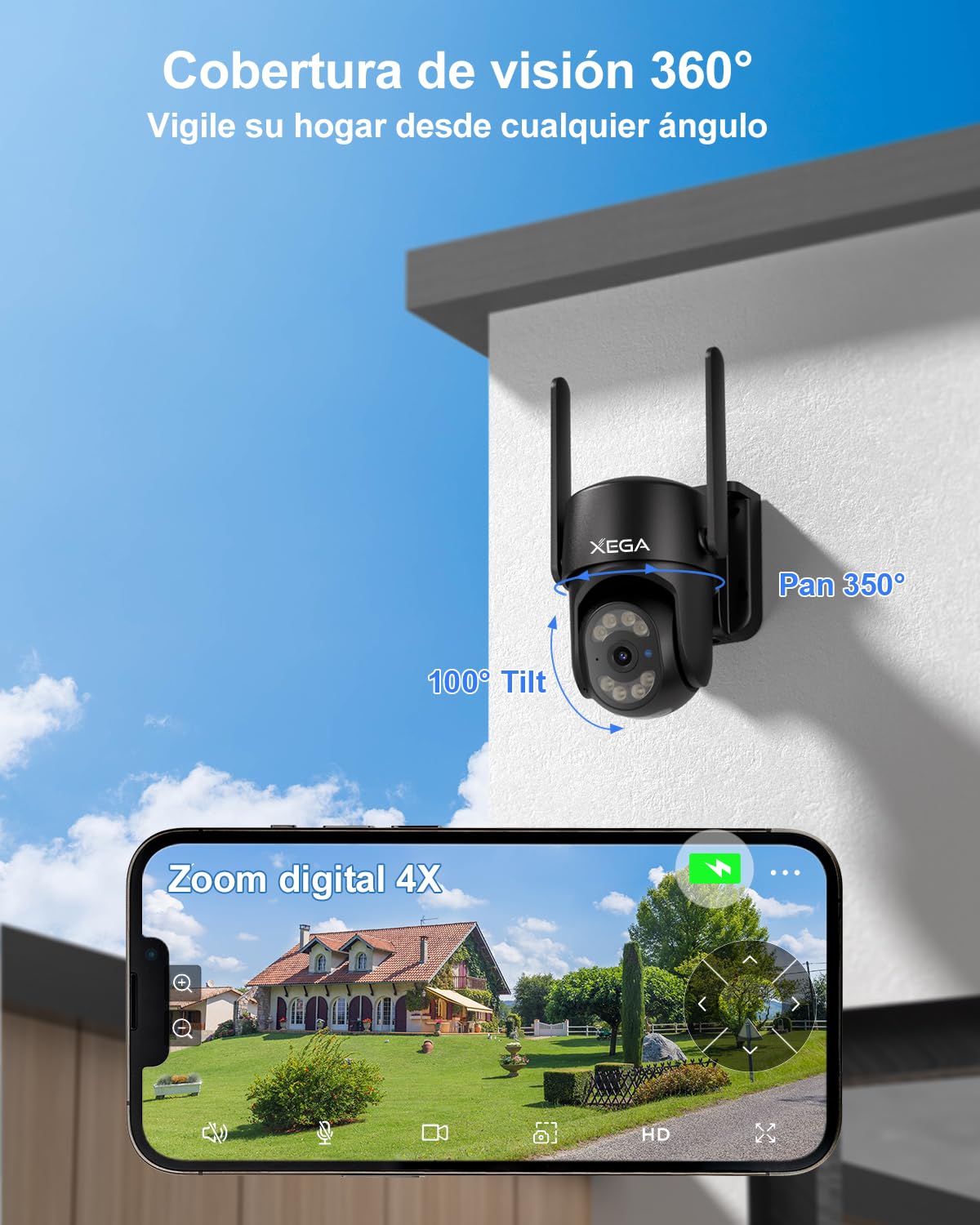 Xega 4G Camara Exterior con Tarjeta SIM【24/7 Grabación Continua】 2K PTZ Cámara Vigilancia con Cable, Seguimiento Automático AI Detección Humano Instanrt Alerta, IP66, Tarjeta SIM incluida