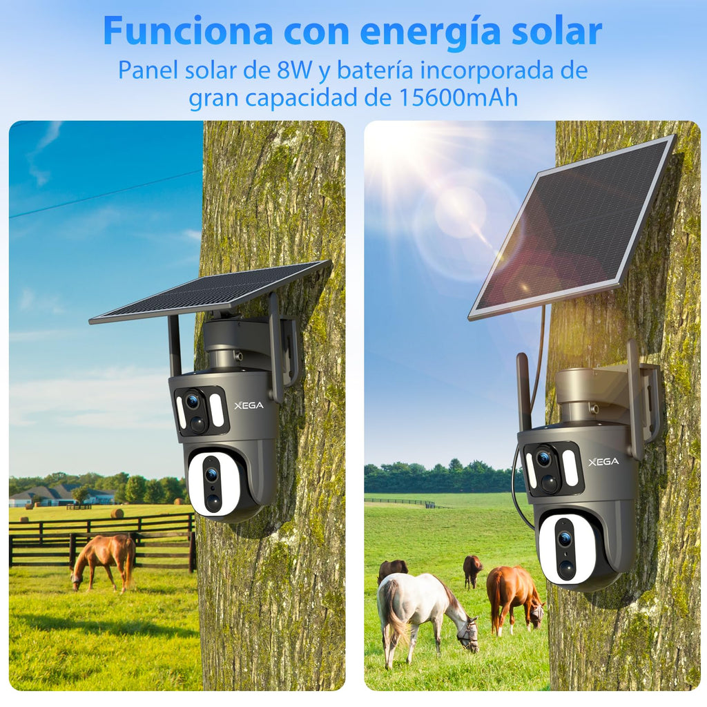 Xega 4G LTE Cámara de Seguridad Inalámbrica para Exteriores con Doble Lente Cámara de Seguridad Solar 1080P HD Vista de 360° Pantalla Dual Visión Nocturna en Color Audio Bidireccional IP66 TF/Cloud