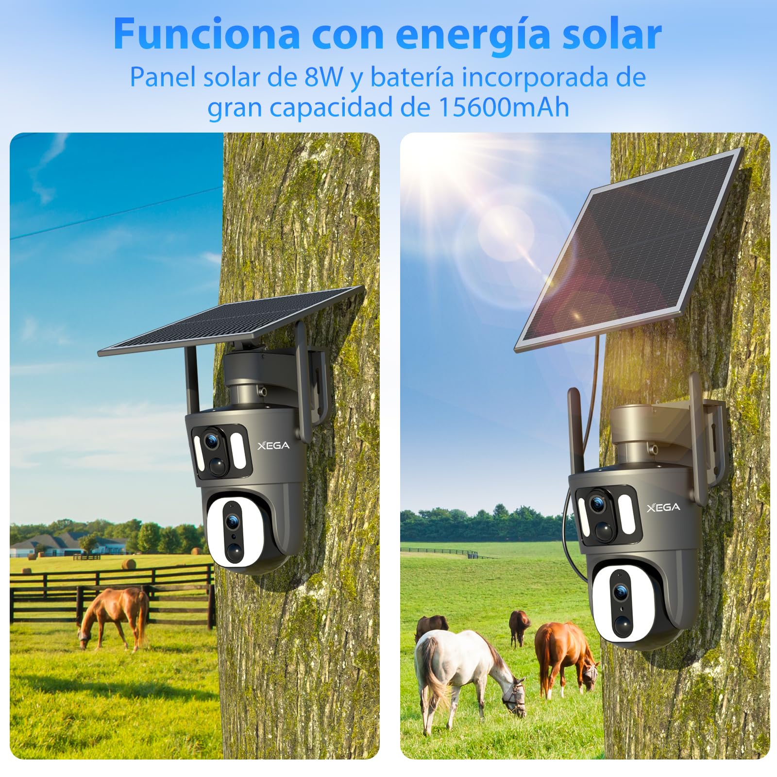 Xega 4G LTE Cámara de Seguridad Inalámbrica para Exteriores con Doble Lente Cámara de Seguridad Solar 1080P HD Vista de 360° Pantalla Dual Visión Nocturna en Color Audio Bidireccional IP66 TF/Cloud