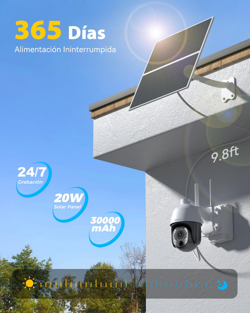 Xega 5MP【10X Óptico Zoom】4G LTE Cámara Vigilancia con Tarjeta SIM 20W Panel Solar 30,000 mAh Batería Grabación 24/7 Camara sin Wifi Exterior Detección Humana Visión Nocturna 100ft Audio Bidireccional