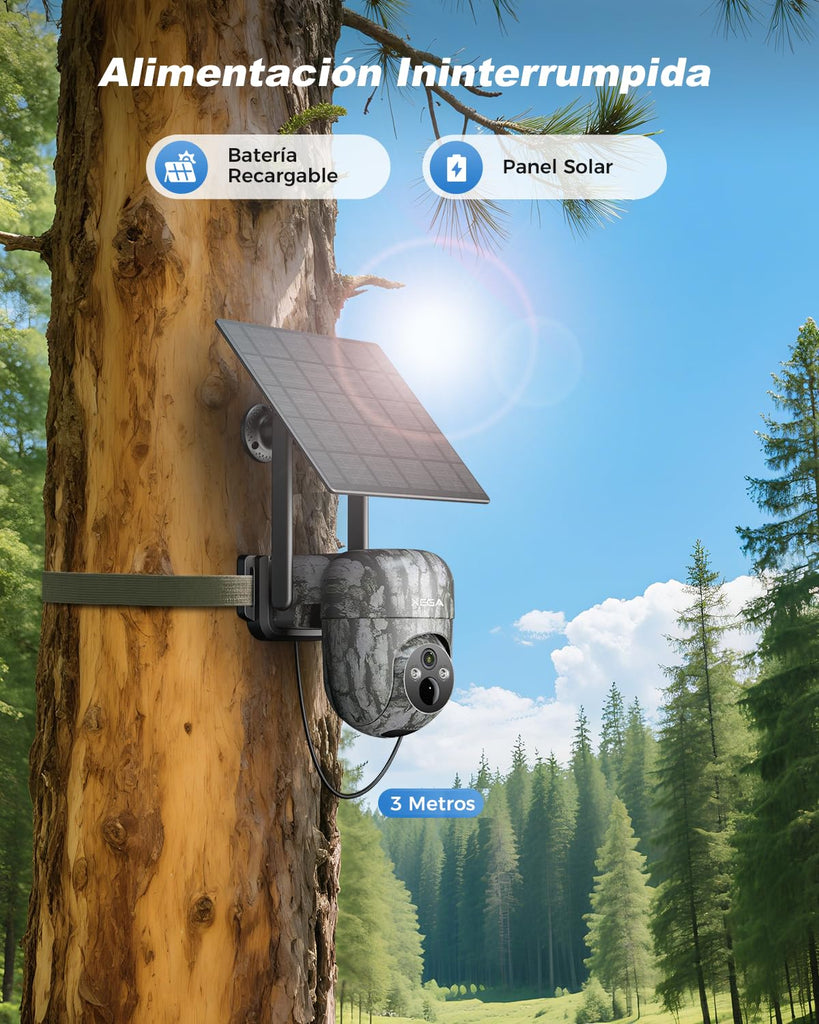 Xega 4G Camara De Caza Solar con Tarjeta SIM, 2K 3MP Exterior Fototrampeo Inalámbrica PTZ con Visión Nocturna Detección Personalizada Proyector/Sirena Alertas en App y Almacenamiento TF/Nube(Sin WiFi)