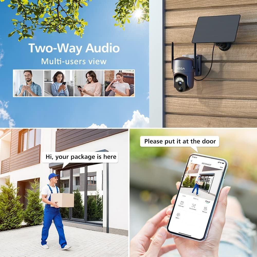 Xega Cámara de Seguridad Wi-Fi Solar Inalámbrica para Exteriores | 2K Cámara de Vigilancia para la Seguridad del Hogar, Visión Nocturna, Detección de Personas PIR/IA, Audio Bidireccional